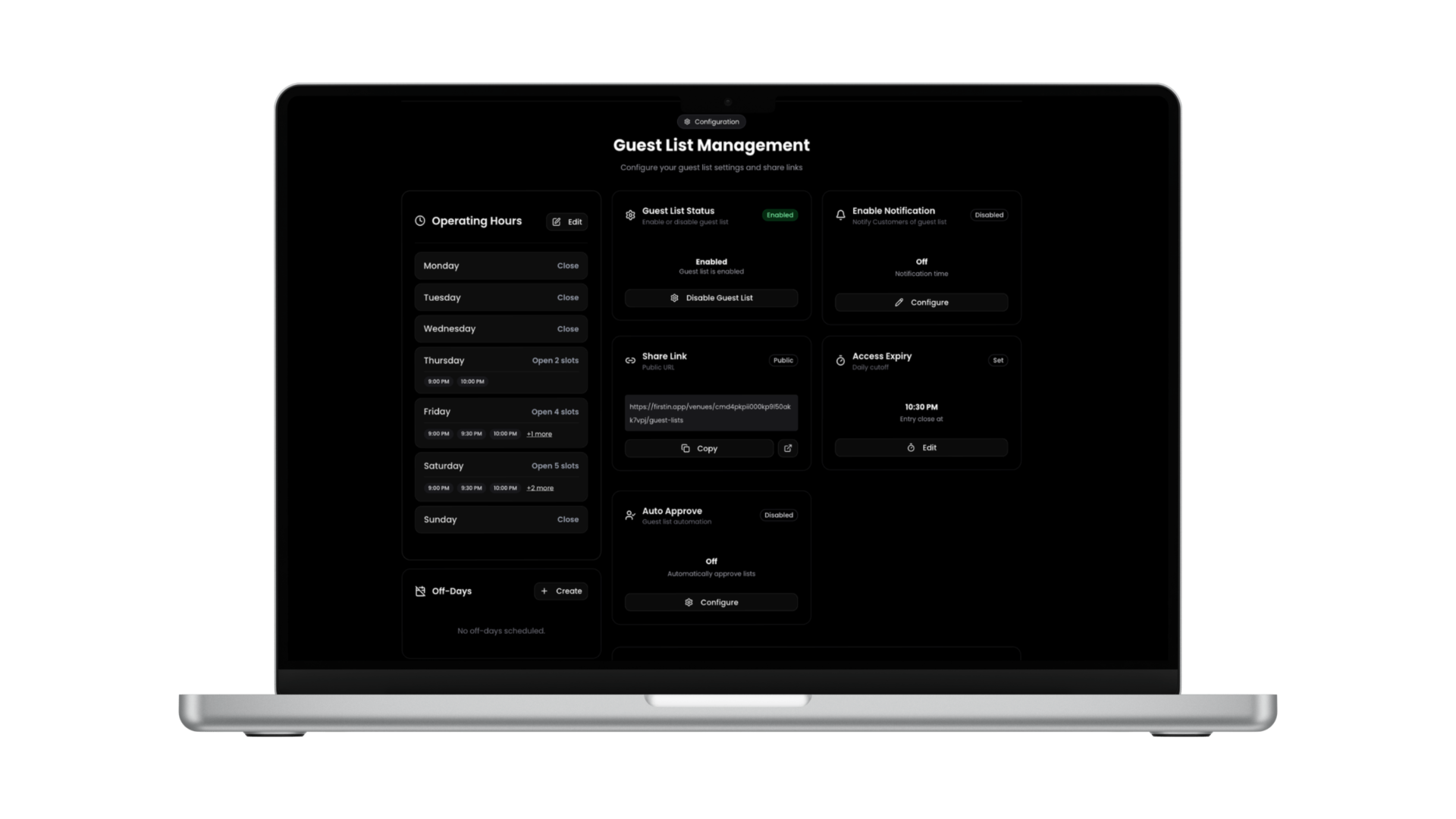 Guest List Management configuration screen