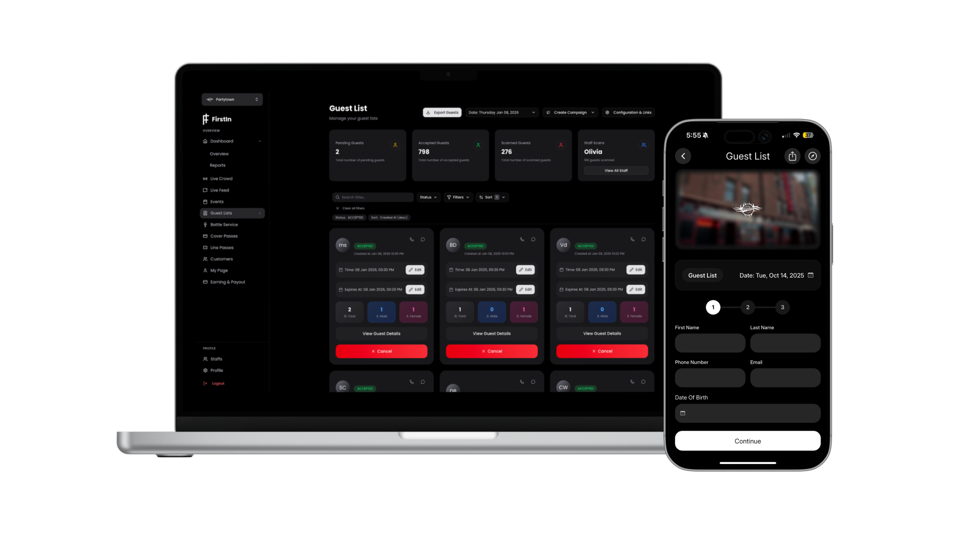 FirstIn Guest List dashboard and mobile app preview