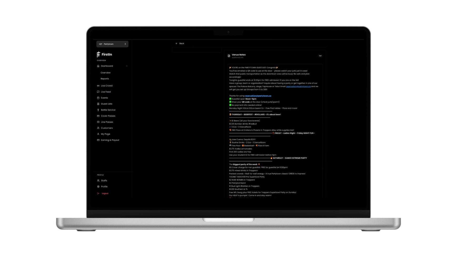 Venue Notes dashboard